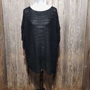 Zara Knit M Tunic Sweater Fringed Black Open Weave Oversized Slouchy Boho